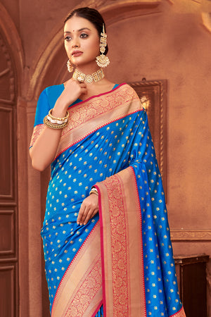 Blue Banarasi Silk Saree With Blouse