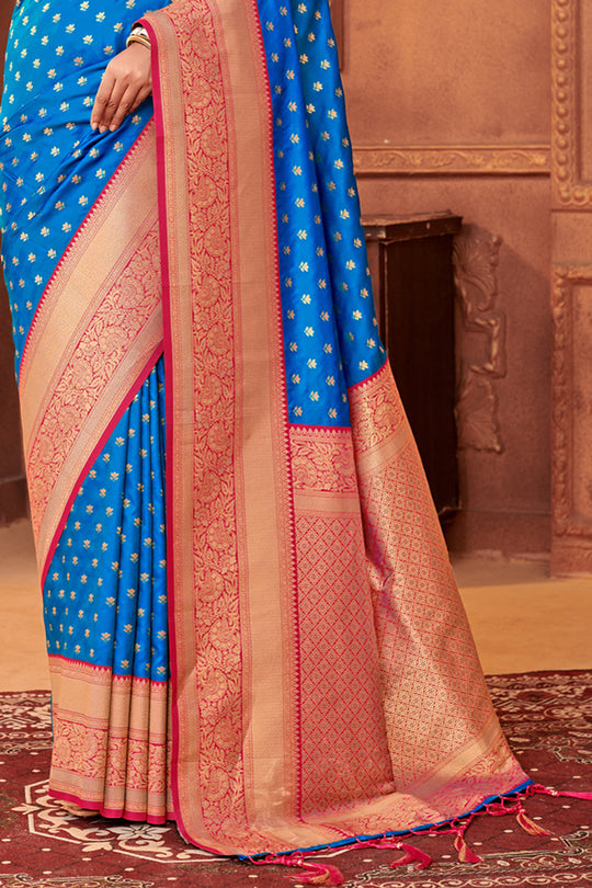 Blue Banarasi Silk Saree With Blouse