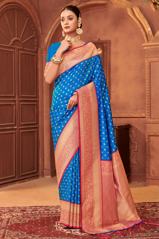 Blue Banarasi Silk Saree With Blouse