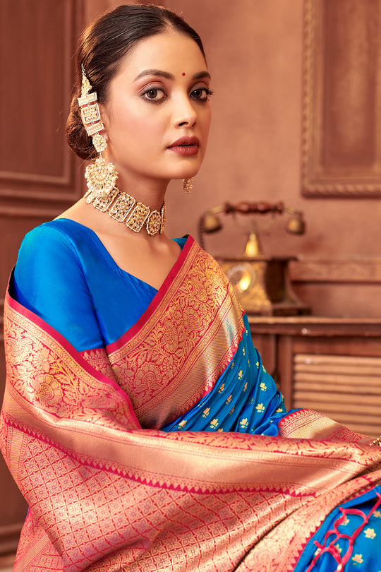 Blue Banarasi Silk Saree With Blouse