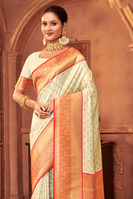 off White Banarasi Silk Saree With Blouse