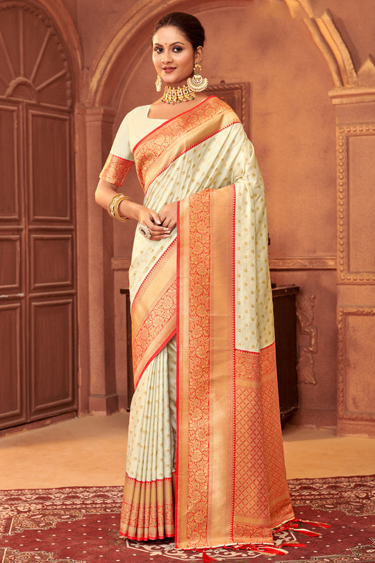 off White Banarasi Silk Saree With Blouse