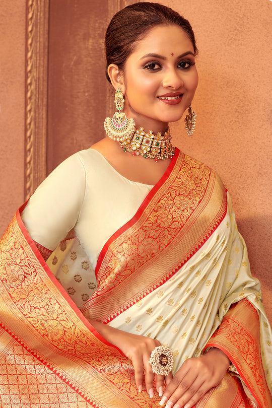 off White Banarasi Silk Saree With Blouse