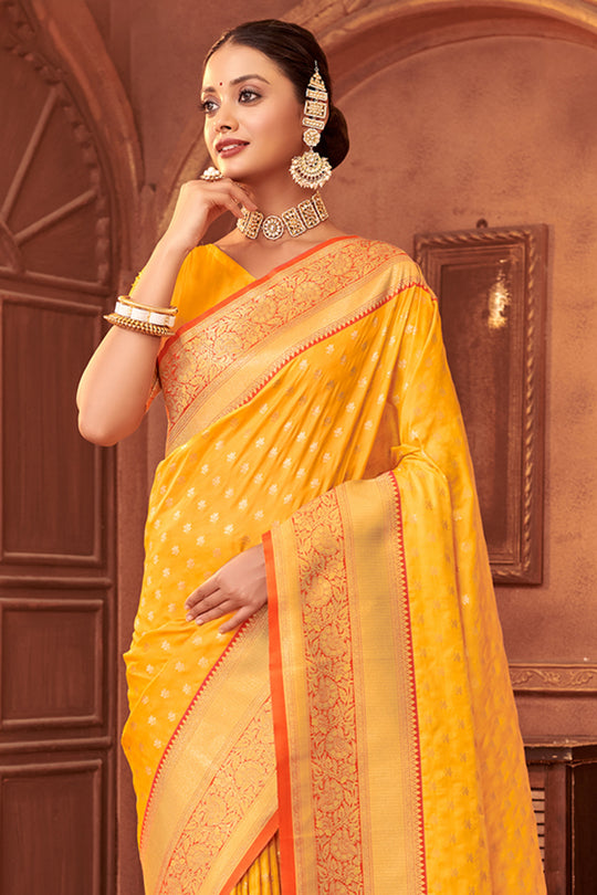 Mustard Banarasi Silk Saree With Blouse