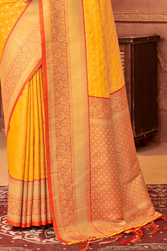 Mustard Banarasi Silk Saree With Blouse