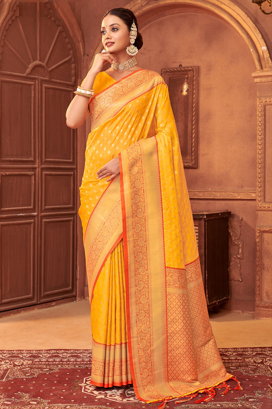 Mustard Banarasi Silk Saree With Blouse