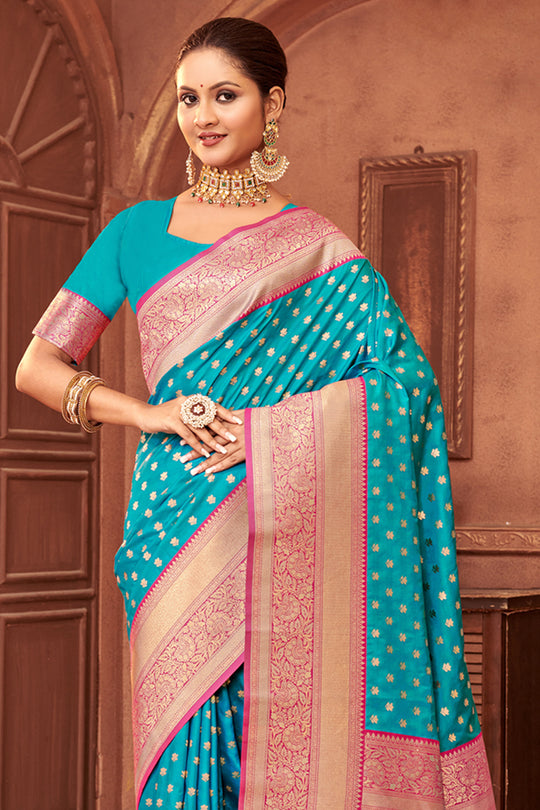 Sky Blue Banarasi Silk Saree With Blouse