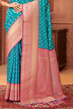 Sky Blue Banarasi Silk Saree With Blouse