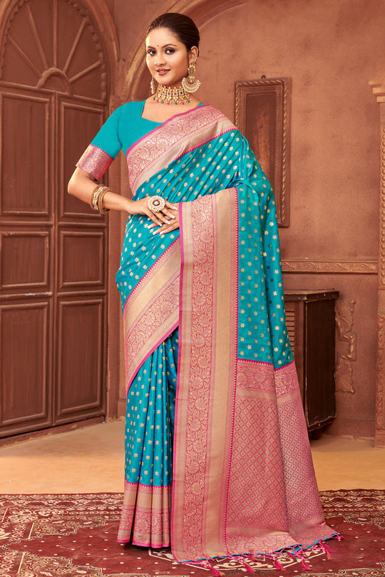 Sky Blue Banarasi Silk Saree With Blouse