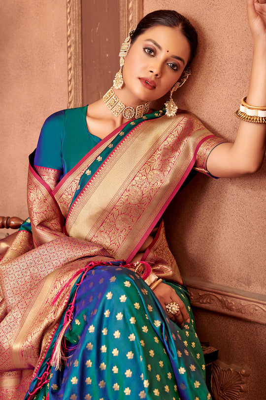 Sea Green Banarasi Silk Saree With Blouse