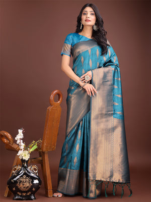 Sea Green Banarasi Silk Saree With Blouse Piece