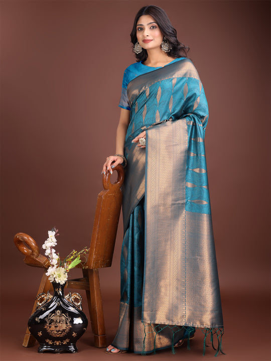 Sea Green Banarasi Silk Saree With Blouse Piece