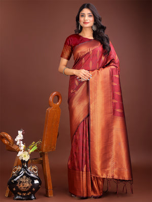 Maroon Banarasi Silk Saree With Blouse Piece