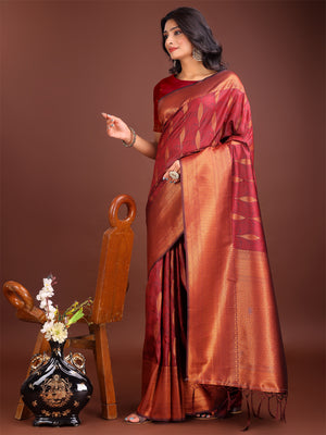 Maroon Banarasi Silk Saree With Blouse Piece