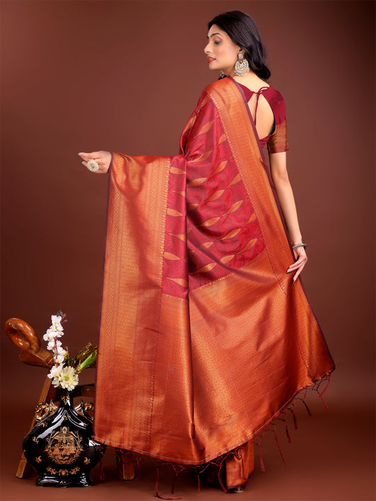 Maroon Banarasi Silk Saree With Blouse Piece