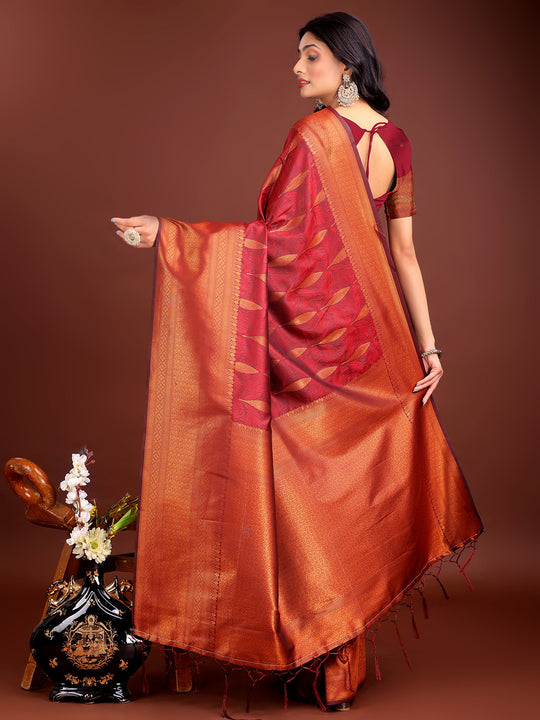 Maroon Banarasi silk Saree With Blouse Piece