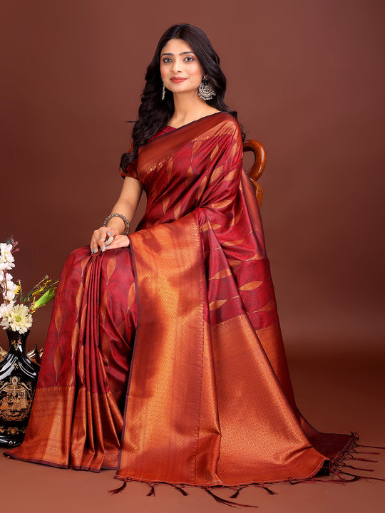 Maroon Banarasi silk Saree With Blouse Piece