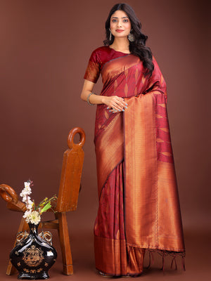 Maroon Banarasi silk Saree With Blouse Piece