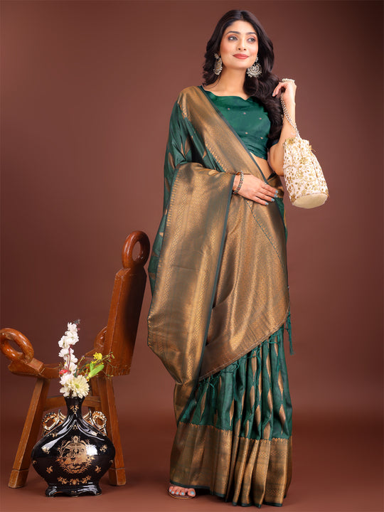 Green Banarasi Silk Saree With Blouse Piece