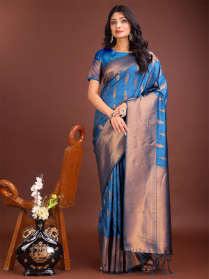 Sky Blue Banarasi Silk Saree With Blouse Piece