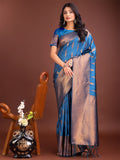 Sky Blue Banarasi Silk Saree With Blouse Piece
