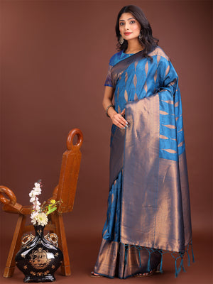 Sky Blue Banarasi Silk Saree With Blouse Piece