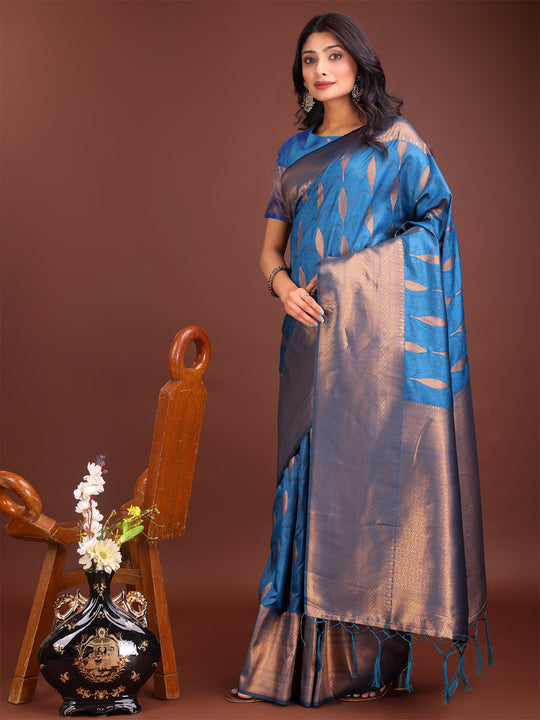 Sky Blue Banarasi Silk Saree With Blouse Piece