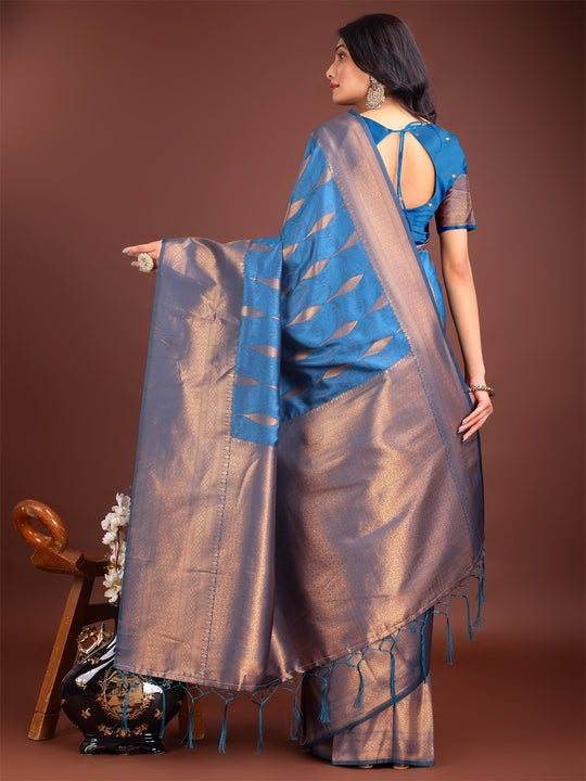 Sky Blue Banarasi Silk Saree With Blouse Piece