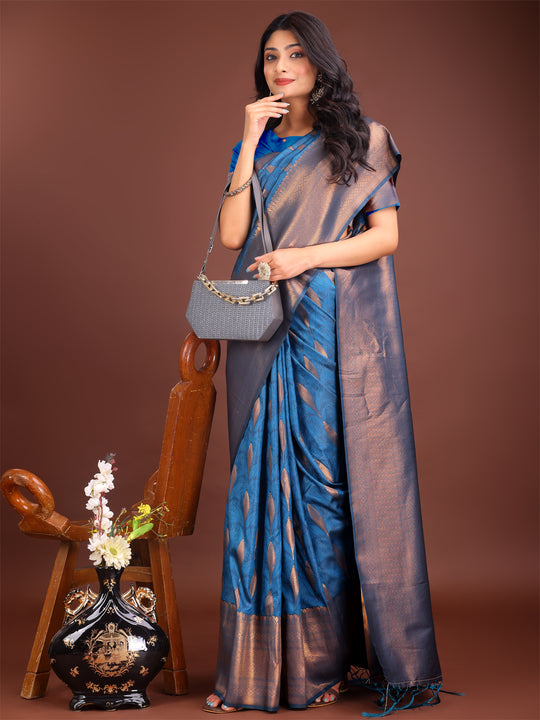Sky Blue Banarasi Silk Saree With Blouse Piece