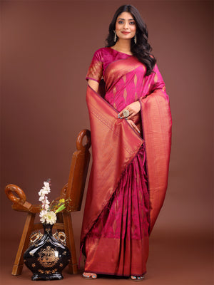 Magenta Banarasi Silk Saree With Blouse Piece