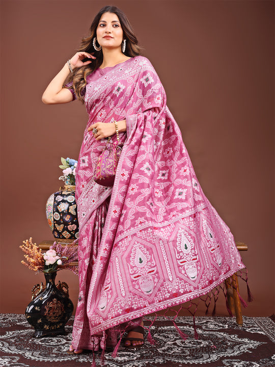 Pink Linen Cotton Saree With Blouse Piece