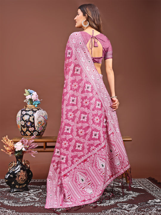 Pink Linen Cotton Saree With Blouse Piece