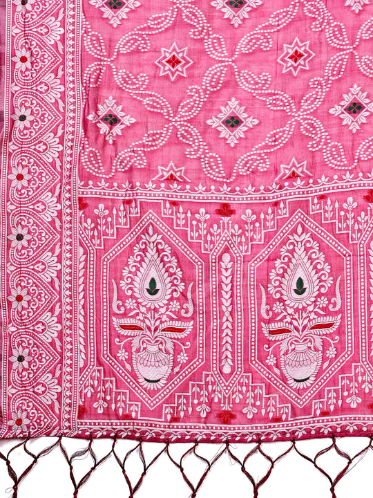 Pink Linen Cotton Saree With Blouse Piece