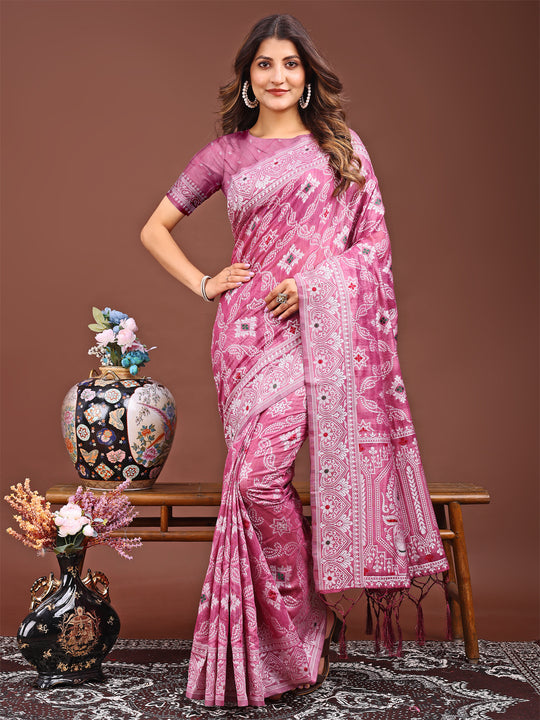 Pink Linen Cotton Saree With Blouse Piece