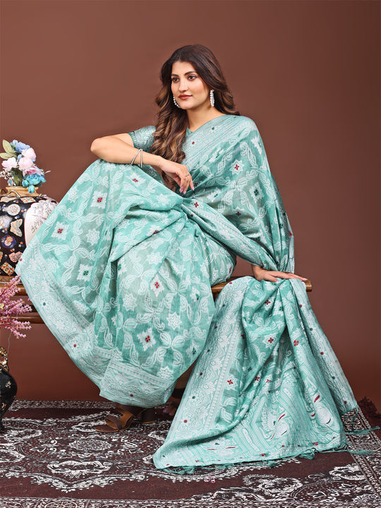Sea Green Linen Cotton Saree With Blouse Piece
