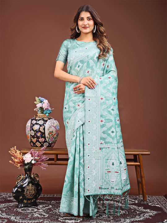Sea Green Linen Cotton Saree With Blouse Piece