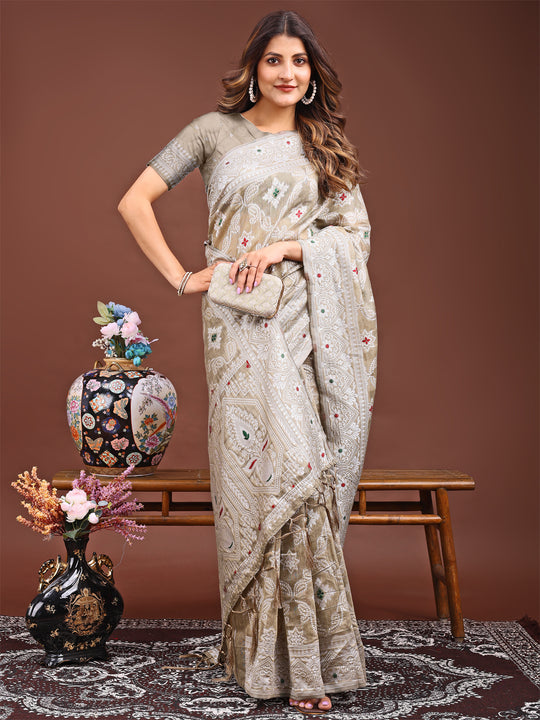 Brown Linen Cotton Saree With Blouse Piece