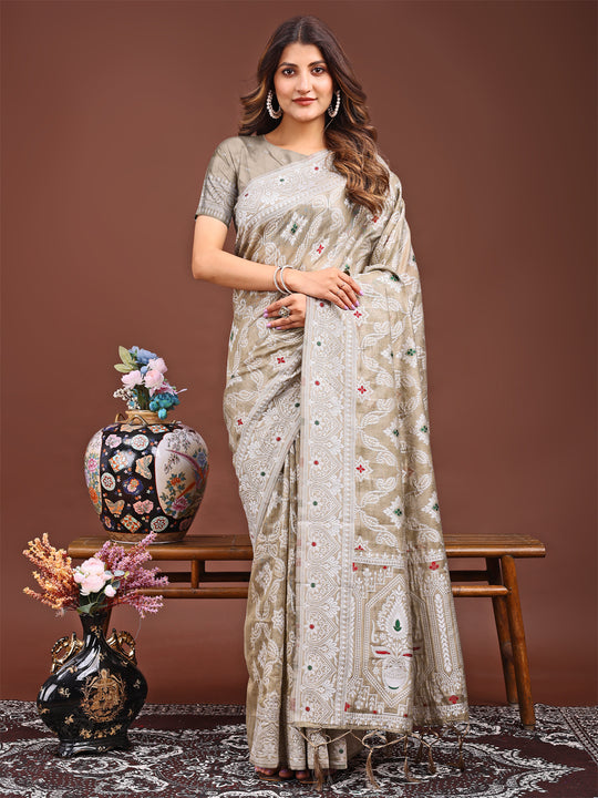 Brown Linen Cotton Saree With Blouse Piece
