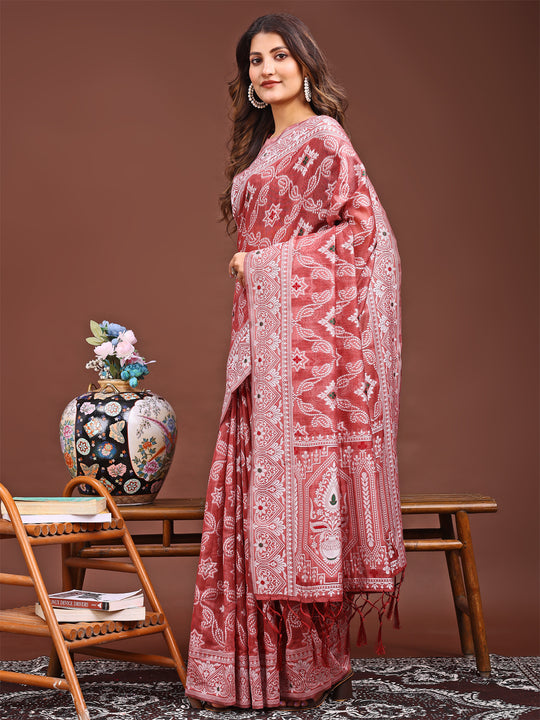 Peach Linen Cotton Saree With Blouse Piece