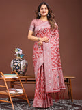 Peach Linen Cotton Saree With Blouse Piece
