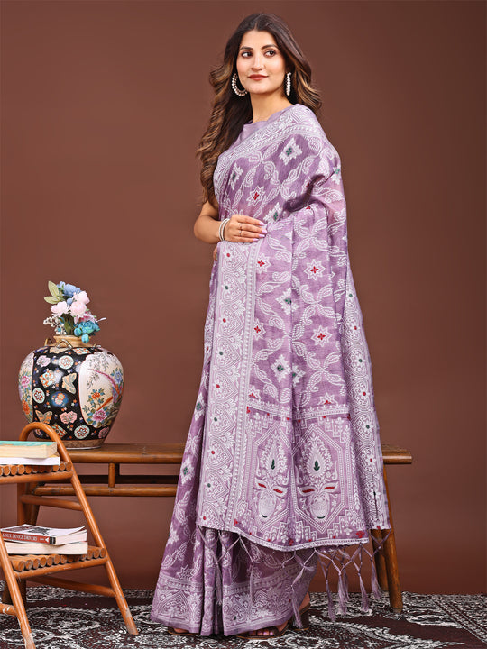 Purple Linen Cotton Saree With Blouse Piece