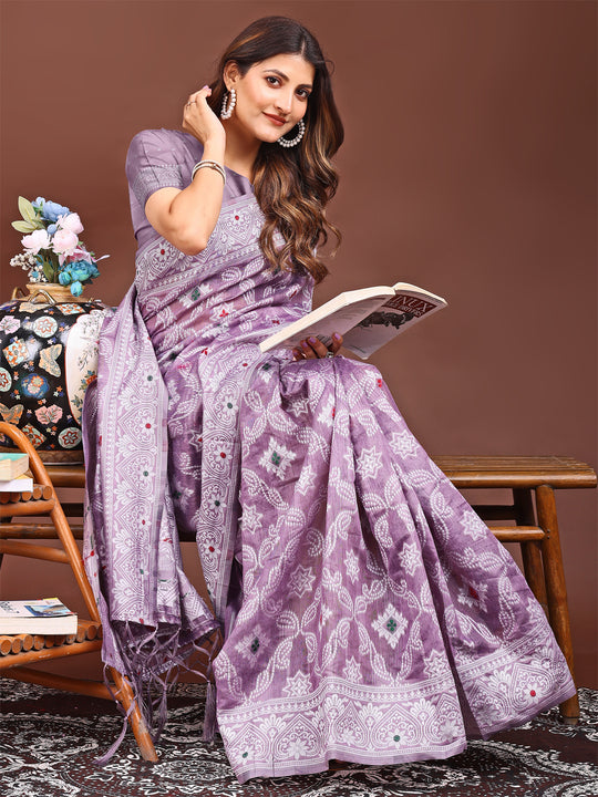 Purple Linen Cotton Saree With Blouse Piece