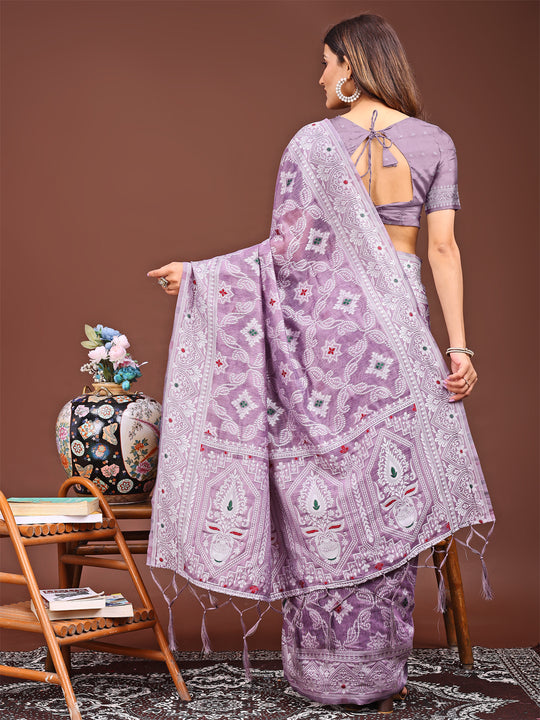 Purple Linen Cotton Saree With Blouse Piece