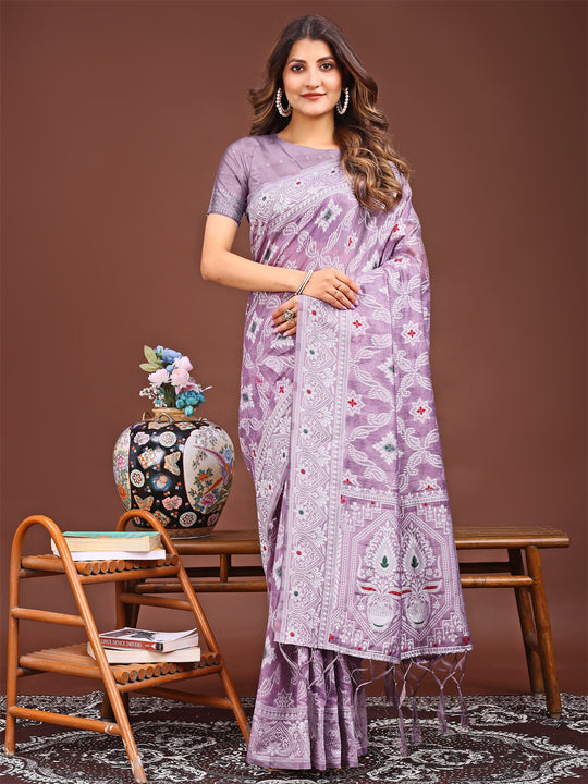 Purple Linen Cotton Saree With Blouse Piece