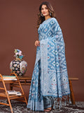 Sky Blue Linen Cotton Saree With Blouse Piece