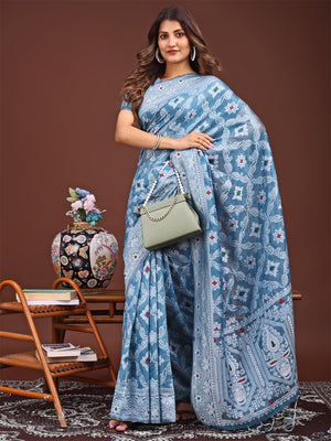 Sky Blue Linen Cotton Saree With Blouse Piece