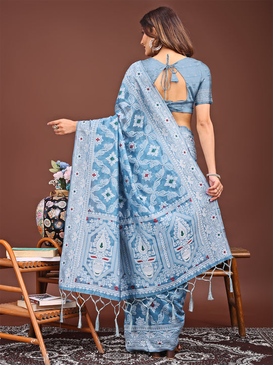Sky Blue Linen Cotton Saree With Blouse Piece