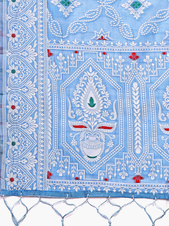 Sky Blue Linen Cotton Saree With Blouse Piece