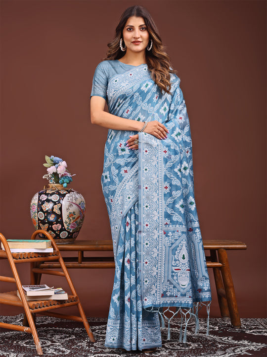 Sky Blue Linen Cotton Saree With Blouse Piece