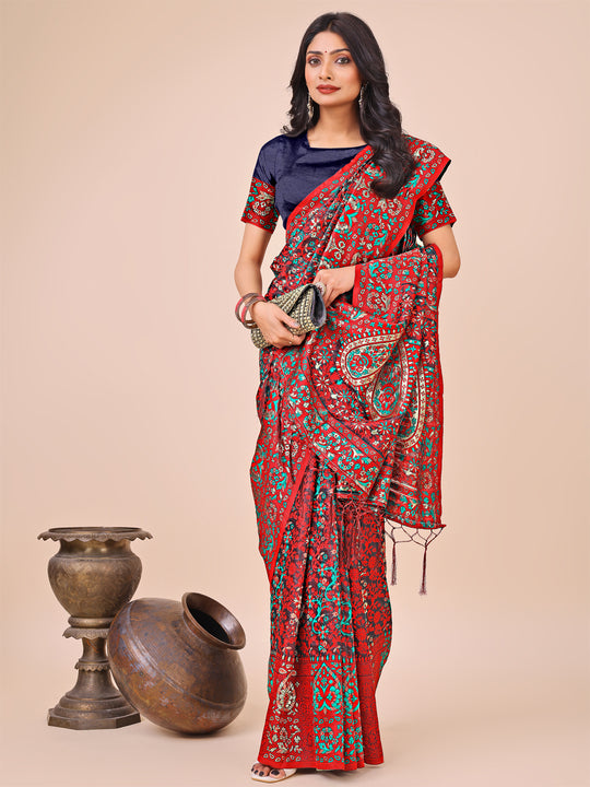 Red Pashmina Cotton Saree With Blouse Piece